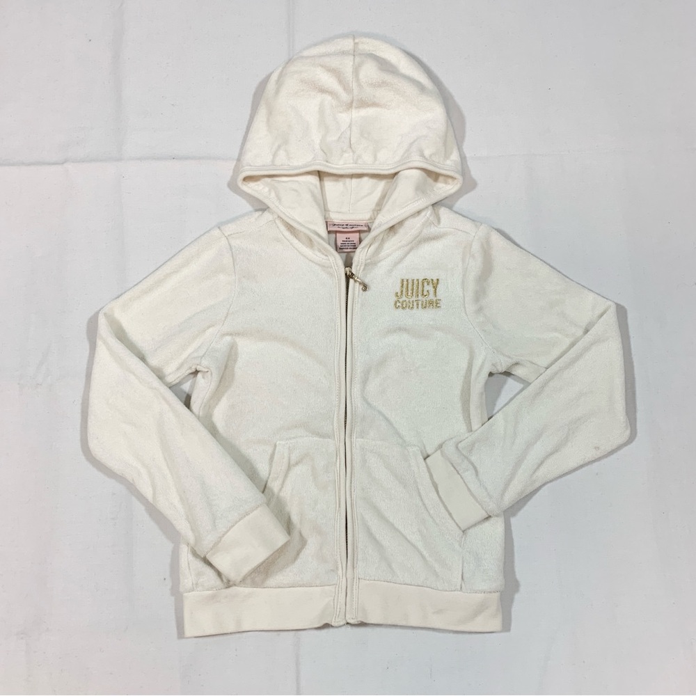 Juicy Couture Girls Hoodie Sweatshirt Full Zip Sz 6x Terry Cloth Sequins Ivory